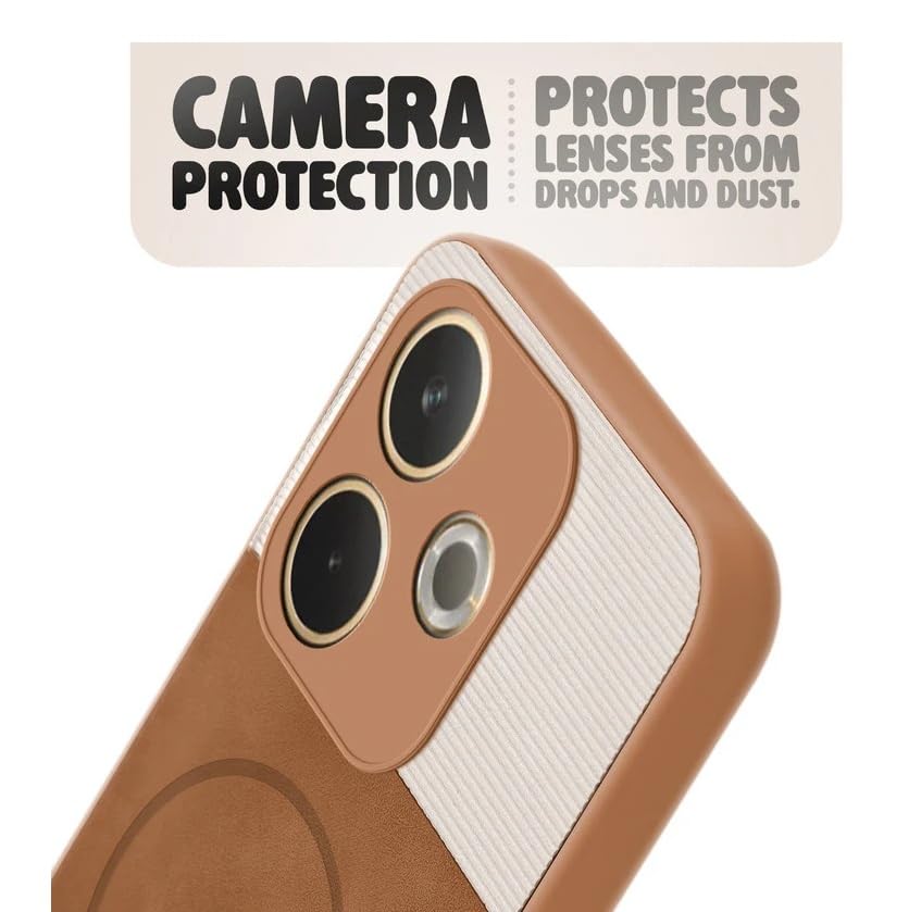Image of Bintage CASE Mac Safe Design Hard Light Weight Back Case | Soft Border Camera Protect | Dual PU Leather Finish Back Cover Compatible for Mi Poco M6+ 5G - White & Brown