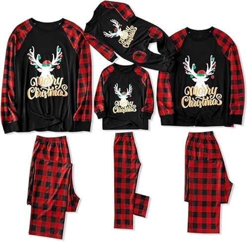 IFFEI Family Christmas Pigiama Set Matching Pigiama a maniche corte, maglietta nera e pantaloni con stampa HOHOHOHO, Oro nero., 6-7 Anni