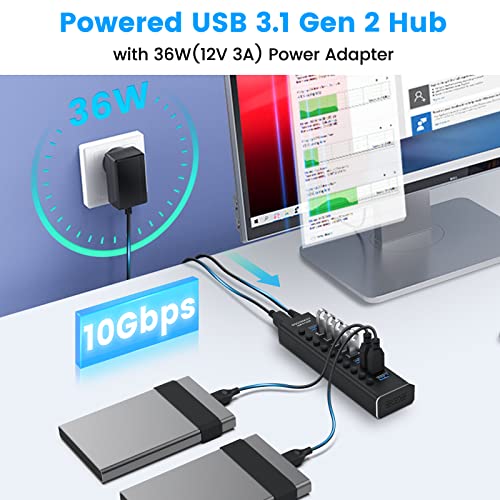 Powered-USB-Hub-Rosonway-10-Port-USB-31-Hub-10Gbps-with-36W-12V3A-Power-Adapter-Type-A-and-Type-C-Cables-Aluminum-USB-C-Hub-Splitter-for-PC-and-Laptop-RSH-A10S