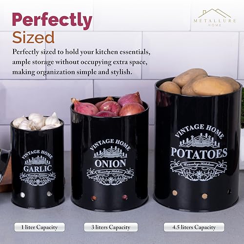 Image of Metallure Home Round Classic Kitchen Storage Containers | Set of 3 Metal Jars With Lid | Potato, Onion & Garlic (Food Safe) (Black)