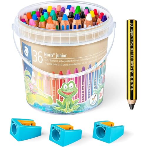 STAEDTLER 3in1 Buntstifte und Kinder Bleistift Noris junior, Bunt- Wachsmal- und Aquarellstift, sehr dicke Mine, extra bruchsicher, ideal für Kinder, 36 Stifte, 3 Spitzer und Bleistift, 140 C36P1X