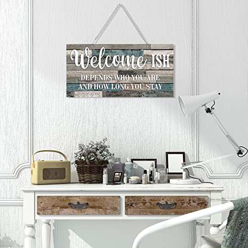 Hotop Funny Christmas Welcome Front Door Sign Welcome-ish Hanging Sign 12 x 6 Inch, Rustic Wall Farmhouse Door Decor for Home Porch Entryway Decor(White Words with Light Blue and Grey Base)