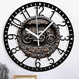 Metal Wall Clock for Living Room -10' Motorcycle Wall Decor Garage Art Vintage Bike Silent Non Ticking,Battery Operated, Antique Wood Clocks for Farmhouse,Dining Room,Bedroom,Kitchen Clock Wall Decor-