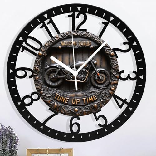 Metal Wall Clock for Living Room -10 Motorcycle Wall Decor Garage Art Vintage Bike Silent Non Ticking Battery Operated Antique Wood Clocks for Farmhouse Dining Room Bedroom Kitchen Clock Wall Decor-