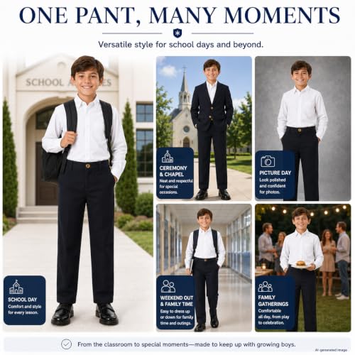 Image of Bienzoe Boys School Uniform Pants: Adjustable Waist Flat Front | Students Ages 6-13, Classroom Days, Picture Day, Awards, Open House, Chapel, Family Events, Lean-To-Regular Builds, Neat Look