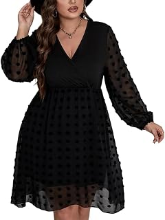 Plus Size Long Sleeve Swiss Dot Dress for Women 2025, Wrap V Neck Mesh Mini Babydoll Dress Summer Casual Black