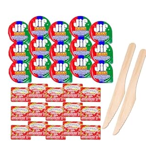 Duo of Peanut Butter and Strawberry Jam Bliss – 15 Jif Peanut Butter and 15 Smuckers Strawberry jelly, On-The-Go Portion Control Pack for Travelers & Meal Prep 30 Cups Total – Comes with a one of a kind sticker by PaLiSoL CREATiONS and wooden knives ! – Fraise et Beurre d’arachide