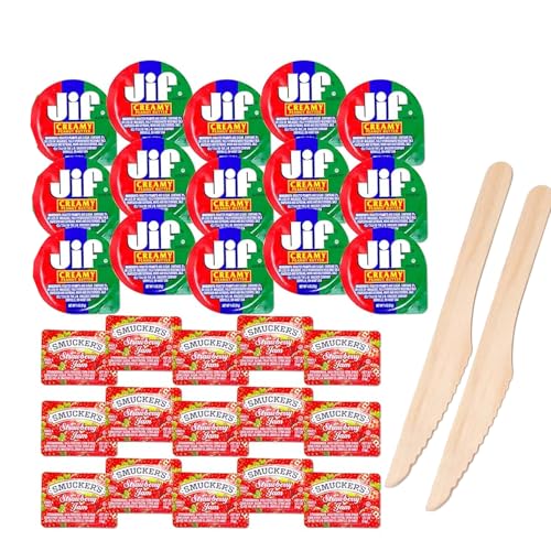 Duo of Peanut Butter and Strawberry Jam Bliss – 15 Jif Peanut Butter and 15 Smuckers Strawberry jelly, On-The-Go Portion Control Pack for Travelers & Meal Prep 30 Cups Total – Comes with a one of a kind sticker by PaLiSoL CREATiONS and wooden knives ! – Fraise et Beurre d’arachide