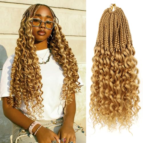18 Inch Goddess Box Braids Crochet Hair 7 Packs Blonde Crochet Box Braids with Curly Ends Pre Looped Wavy Crochet Hair for Black Women (27)