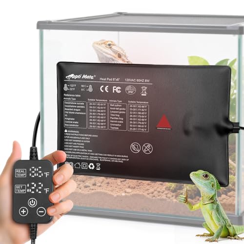 Reptile Heating Pad with Internal Sensor&Thermostat, 8" x 6" 8W Under Tank Heater Mat for 10-20 Gallon Tanks, IP67 Waterproof Safe Heat for Turtles, Bearded Dragons, Snakes, Lizards and Seedling