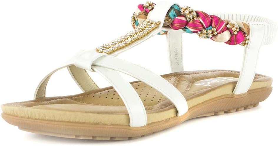 Womens White Diamante Flat Sandal