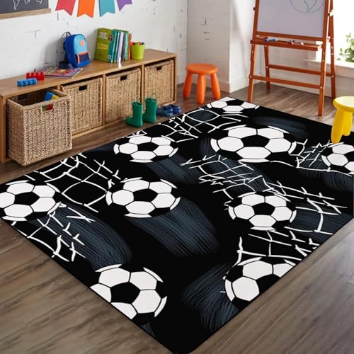 Bycmuoz 3d Black White Soccer Rugs for Kids, 60x110cm, Black Sports Football Home Decor Mat, Fade Resistant Absorbent Bathroom Mat, Foldable Non-Shedding Washable Carpets for Living Room
