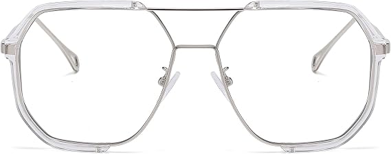 LJCZKA Square Blue Light Blocking Glasses Women Men 70s Pilot Metal Frame Oversized Double Bridge Computer Gaming Eyeglasses Anti Eyestrain Clear Lens