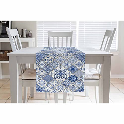 HOSNYE Table Runner Blue White Patchwork Tile in Spanish Style,Cotton Linen Table Runner Decoration for Kitchen Family Dinner Table Holiday Party Farmhouse Style 13 x 72 Inch by HOSNYE - Image 3