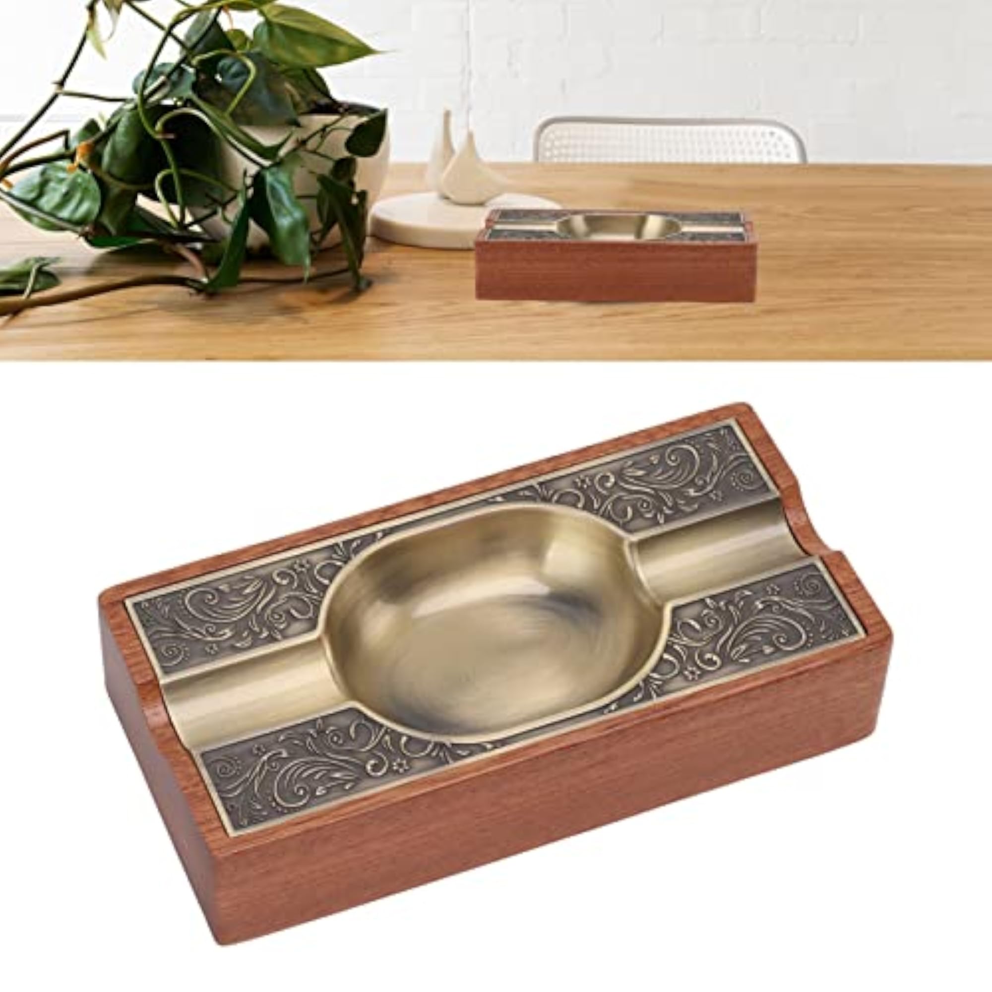 Vintage Solid Wood Cigar Ashtray with Bronze Plating
