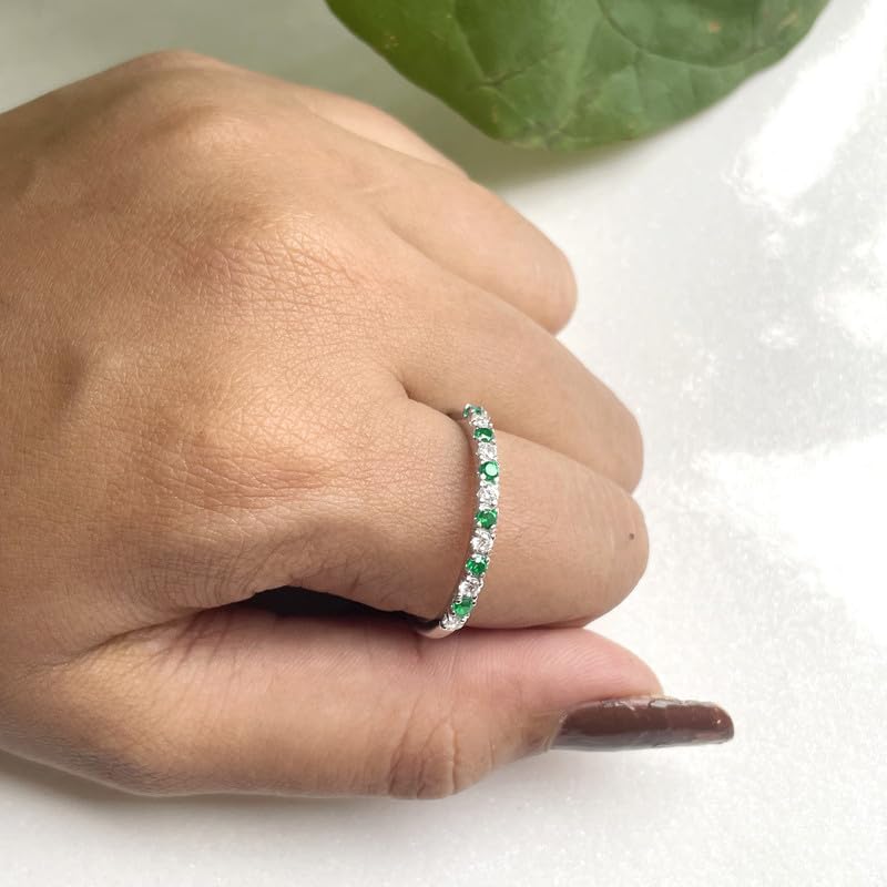 Miniatura 3 de Alternate Green Emerald & White Diamond Half Eternity Wedding Band For Women, 14k Yellow Gold Finish Green Emerald Wedding Band, Ladies Stackable