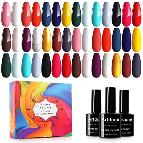 Artdone 24pcs Gel Nail Polish Kit,(8ml each),include Glossy & Matte Top Coat and Base Coat Soak Off Nail Polish Set Pink