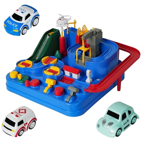 Easy Playhouse: Car Adventure Playset - Rescue Racetrack Station, 3 Mini Emergency Toy Vehicles, Interactive Levers & Obstacles, STEM Play, Kids 3+