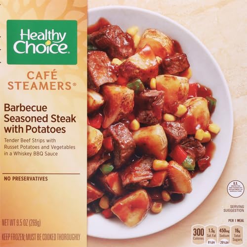 Healthy Choice Cafe Steamers Barbecue Seasoned Steak With Potatoes, Convenient Microwave Meal Made With No Preservatives, Frozen Meal, 9.5 OZ Bowl