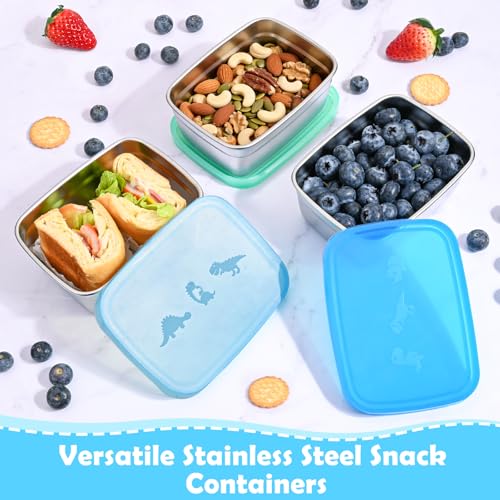 Image of Tanjiae 3-Pack Stainless Steel Snack Containers - 550ml (18oz) Leakproof Colorful Lids with Cute Dinosaurs | LFGB Certified, Stackable Metal Lunch Box for Home, Picnic, Travel