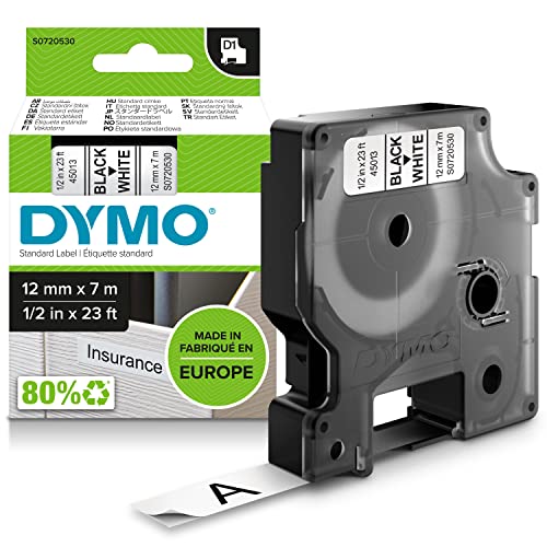 DYMO D1 étiquettes autocollantes, impression en noir sur fond blanc, 12 mm x 7 m, pour étiqueteuses LabelManager, authentique