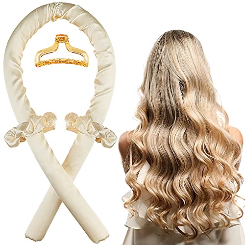 TikTok Heatless Curling Rod Headband For Long Hair To Sleep In Overnight, No Heat silk Soft Headband Foam Hair Rollers, Curling Ribbon and Flexible Rods for Natural Hair, Beige