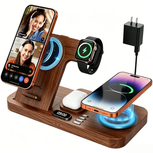 Image of Dual Phone Magnetic Wireless Charging Station for Apple Devices, 7-Color Auto Light & 12H Clock, Multi-Device Charger for iPhone 17 /16 /15, for iWatch 11 /10 /9 & AirPods Pro3(Wood