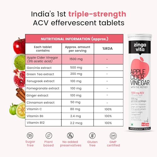 Image of Zingavita 3X Effective Apple Cider Vinegar 1500mg Tablet for Weight Management, With Garcinia, Green Tea, Fenugreek, Cinnamon, Vitamin C, B12 & B6, No Added Sugar - 15 Effervescent Tablets