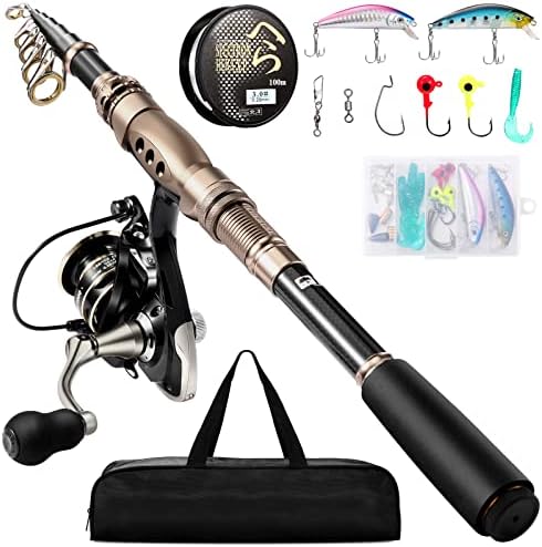 SUHERCBD Telescopic Fishing Rod, Fishing Pole Kit with Spinning Reel&Fishing Rod Combo, Lightweight Fishing Gear with Fishing Lures Kit Carrier Bag for Travel Sea Saltwater Freshwater Fishing