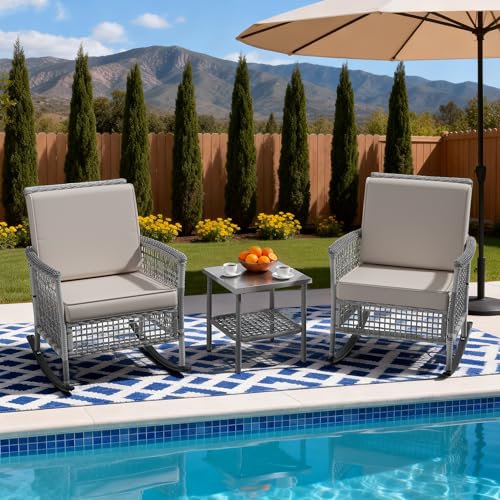 DECMICO 3 Pcs Outdoor Rocking Chair, Wicker Rocking Bistro Set