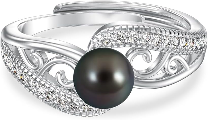 Tahitian Black Pearl Ring Adjustable 18K White Gold Plated 925 Sterling Silver Black Pearl Jewelry Gift for Women Her