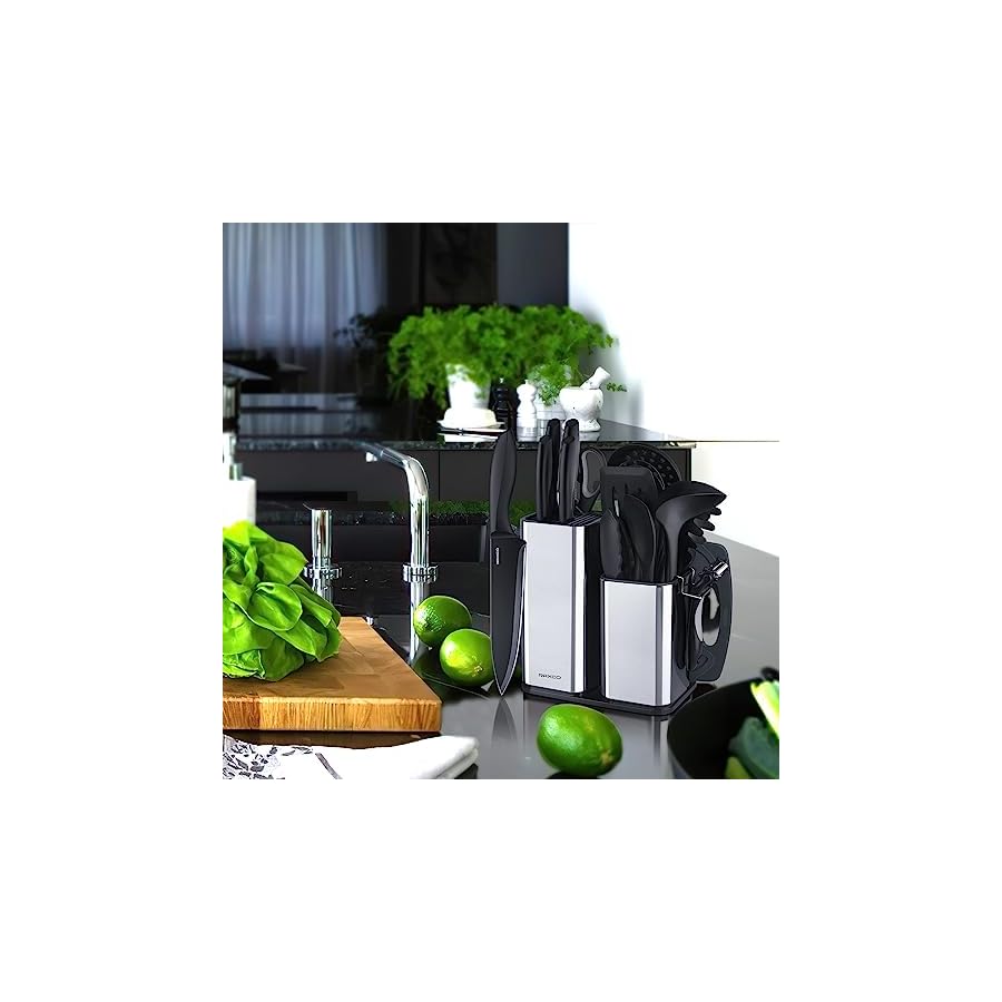 RAXCO Kitchen Utensils Set For Cooking-7 Cooking Utensils,5 Kitchen Utensils,6 Knife set,utensilios de cocina(18-in-1) (Black)