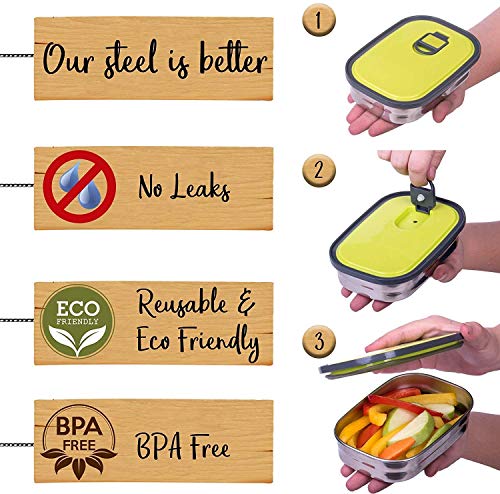 Stainless Steel Square Lunch Box, 3 Pieces Bento Box,Eco Friendly Reusable Stackable Folding Portable Leak Proof Silicone Lids Kids Lunch Snacks Boxes,Bpa-Free (Grass Green) #TOP2