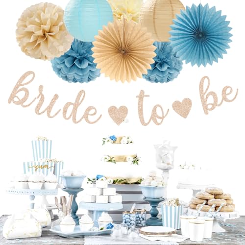 Image of Light-Dusty Blue Beige-Champagne Bridal-Shower Party-Decorations - 31pcs Bride to Be Banner,Boho Neutral Bachelorette Paper Lanterns,Wedding Garland,Tissue Pom Poms Flower Fan Decor Supplies Burgleda