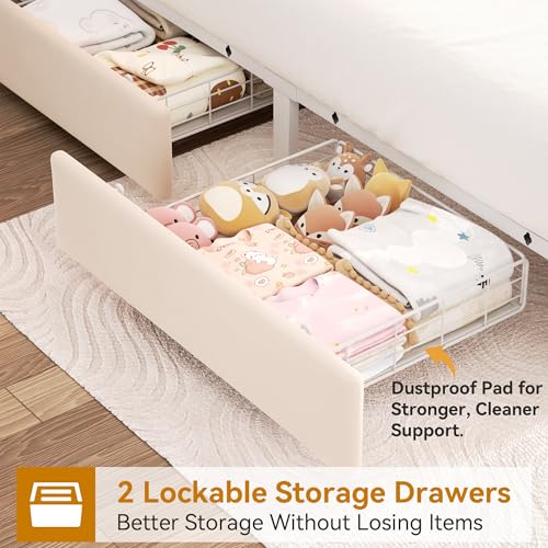 Image of Queen Upholstered LED Bed Frame with 2 Storage Drawers and 2-Tier Storage Headboard,Velvet Princess Platform Bed with Charging Station&Bookcase,Heavy Duty Metal Support,No Box Spring Needed,Beige