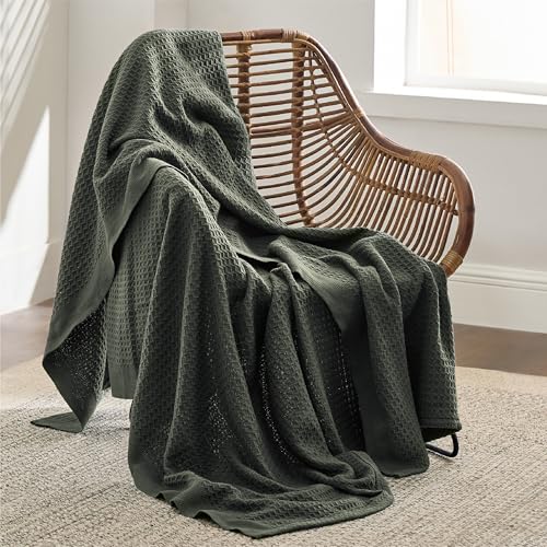 Image of Bedsure 100% Cotton Throw Blanket for Couch 50x70 inches - Cooling Breathable and Soft for Summer, Waffle Weave Throw Blanket for Office, Olive Green