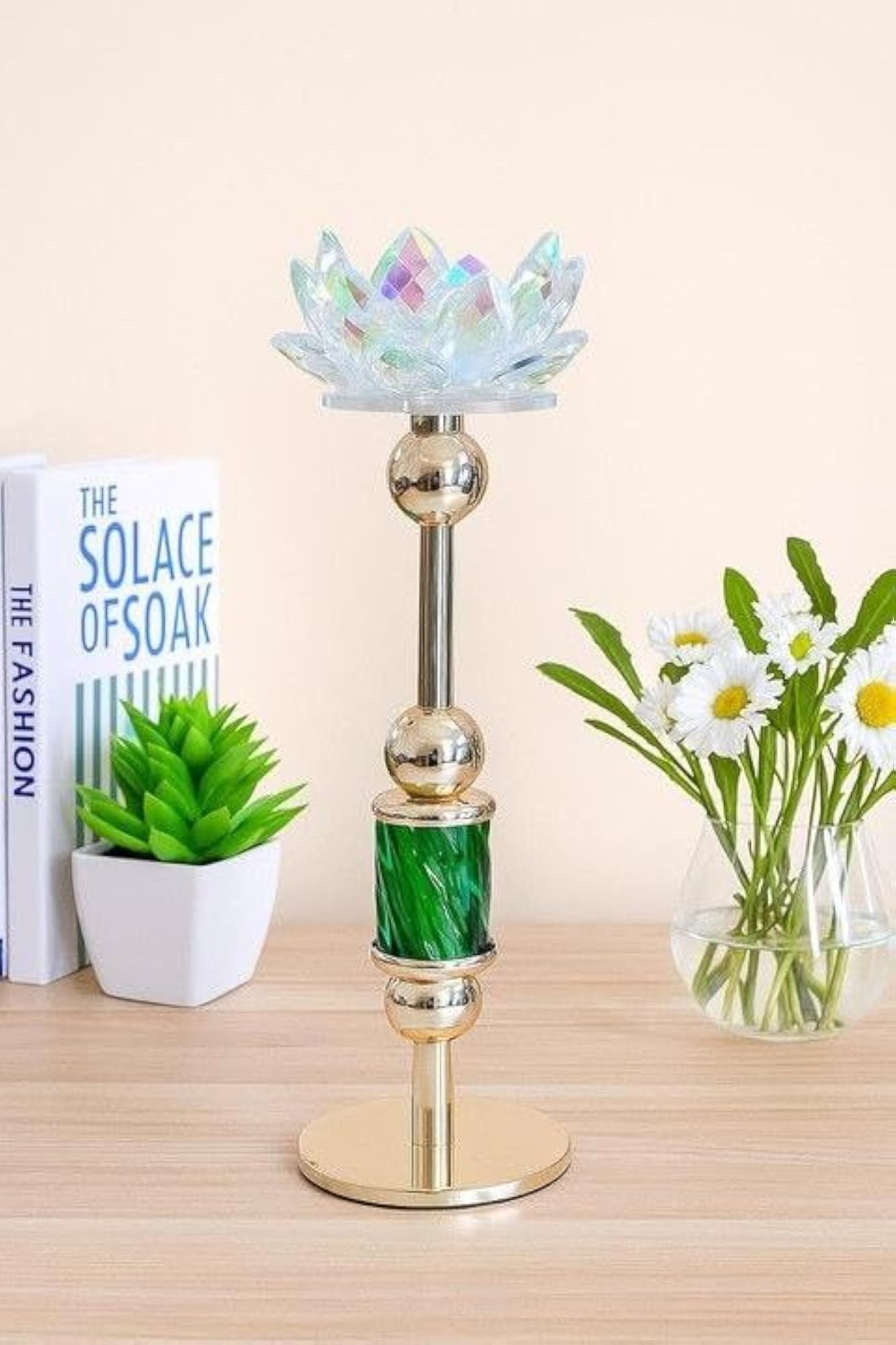Handcrafted Crystal Lotus Candle Holder on Gold Stand