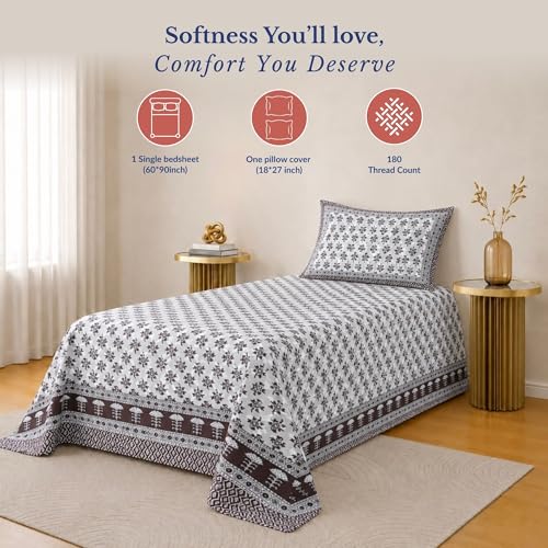 Image of Jaipur Weaves Single Bed Cotton Bedsheet with 1 Pillow Cover, 100% Pure Cotton Single Bedsheet 60x90 Inches, 180 TC Soft Breathable Floral Bed Sheet - (Floral Mahogany Red)