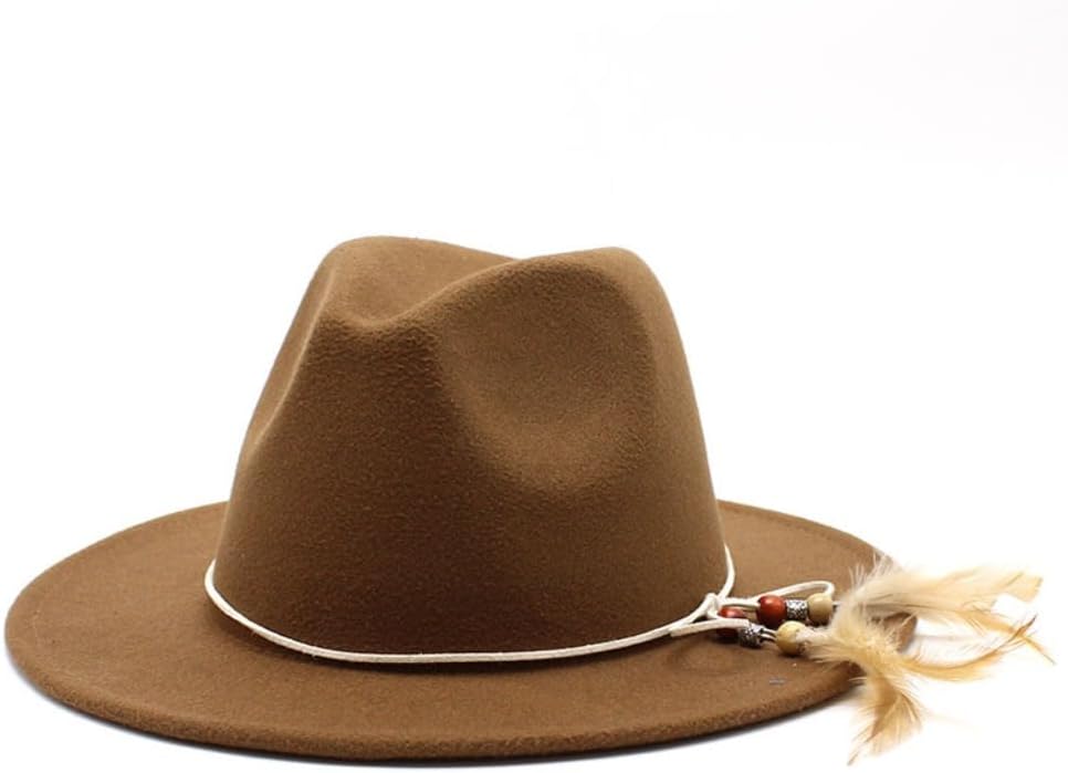 Classic Wide Brim Wool Fedora Hat, Brown with Feather Detail, Premium Felt Construction