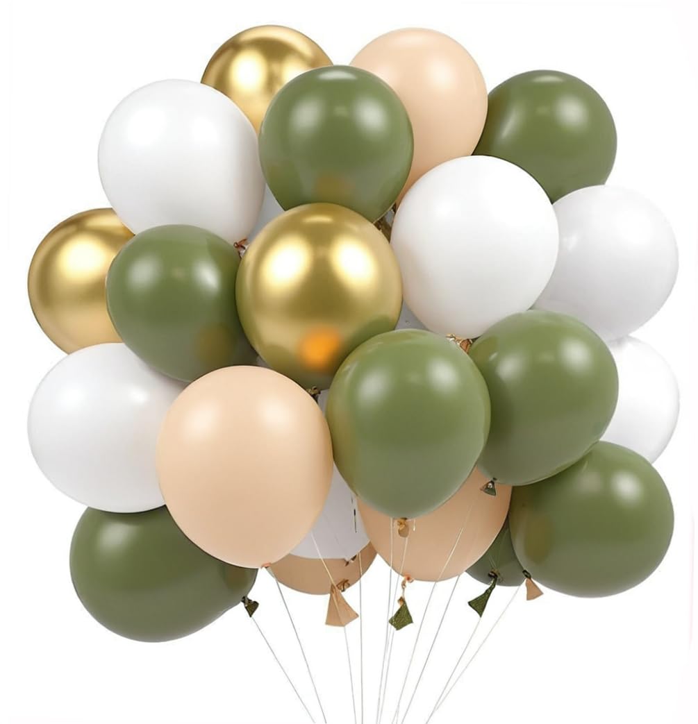 Sage Green Gold Balloons,12 Inch 60 Pcs Green White Metallic Gold Balloons Latex Balloon Olive Sand White Balloon for Baby Shower Birthday Bridal Boho Wedding Party Decorations