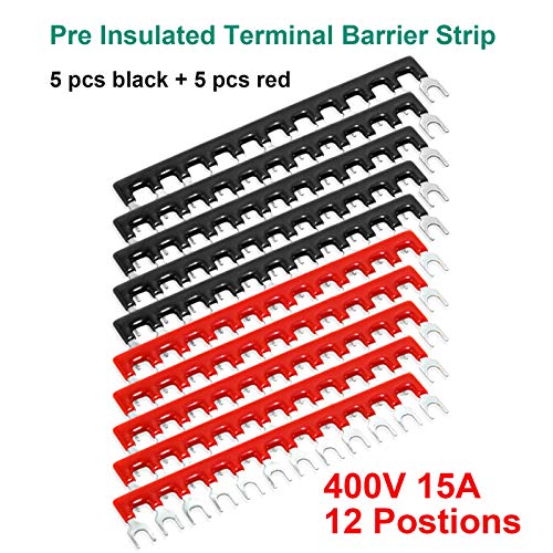 Image of 15pcs (5 Sets) Terminal Block - 5pcs 12 Positions 600V 15A Dual Row Screw Terminal Strip with Cover + 10pcs 400V 15A 12 Positions Pre-Insulated Terminal Barrier Jumper Strips Black & Red by MILAPEAK