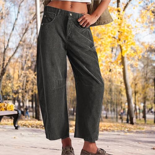 Wide Leg Corduroy Pants for Women Fall Trendy Cropped Pants Elastic Waist Mid Rise Cord Barrel Jeans with Pockets3
