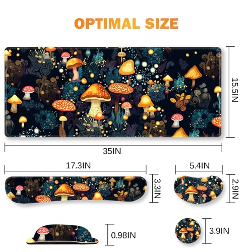 Image of ARTSO Large Gaming Mouse Pad, Keyboard Wrist Rest Pad & Wrist Support Mousepad Set, Stitched Edge, Extended, Non-Slip Base, Memory Foam Desk Mat for Office, Home, Cute Mushrooms