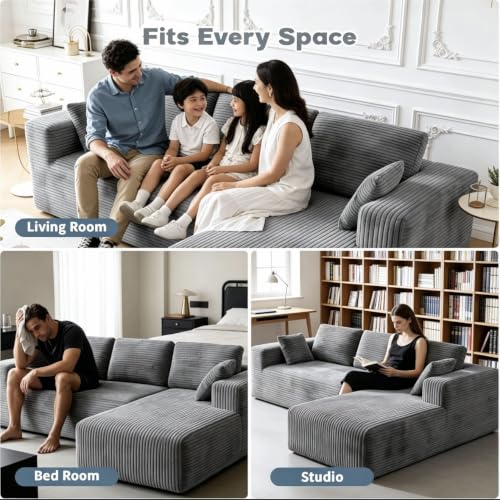 Image of 93 inch L-Shaped Modular Sectional Sofa with Chaise, Boneless Corduroy Cloud Couch with Deep Seat and Oversized Comfort, Flexible Module Combination for Living Room, No Assembly Required