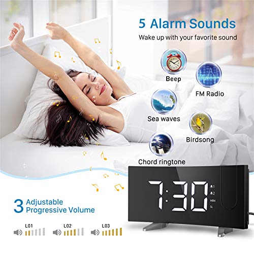 PICTEK Projection Digital Clock Radio for Bedrooms Ceiling with USB Phone Charger, 5'' Large Curved LED Display, 6 Dimmer, Dual Alarms with 4 Sounds, Snooze, 1.white - Thumbnail 2