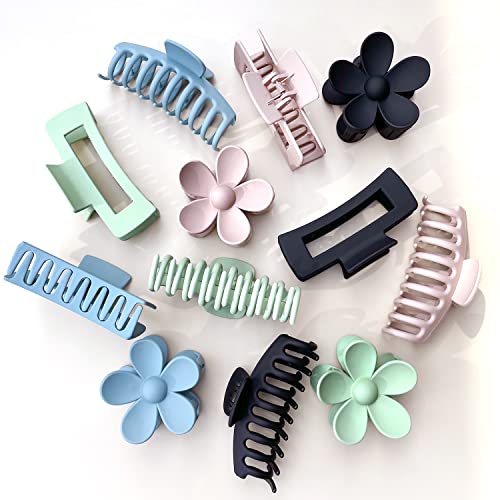 Large Hair Claw Clips 12 Pack 4.3 Inch Rectangle Hair Claw Clips Flower Hair Clips For Women Thin Thick Curly Hair, Big Hair Clips Matte Hair Clips Hair Claws Banana Clips Strong Hold Jaw Clips, 3 Styles 4 Colors #TOP5