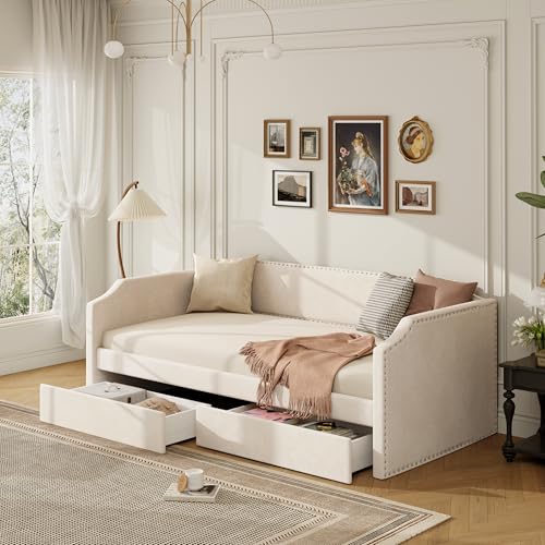 Merax Velvet Upholstered Daybed with 2 Storage Drawers, Twin Size Sofa Day Bed with Slat Support, Easy Assembly,No Box Spring Needed, Beige