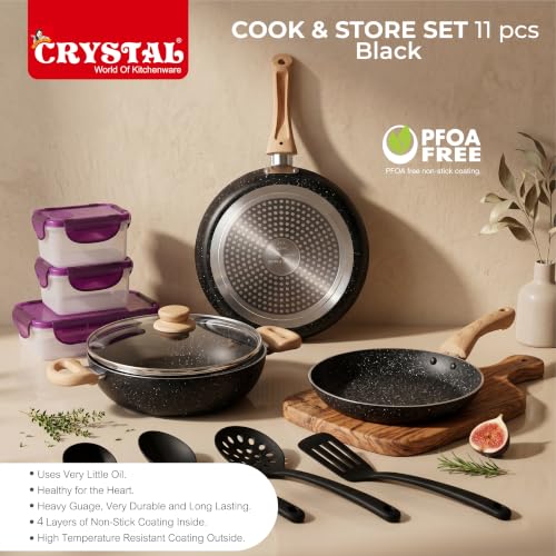 Image of Crystal Aluminum 11 Pcs Non Stick Cookware Set with Induction Bottom | Tawa, Fry Pan, Kadhai with Lid, 4 Serving Spoons, 3 Containers | 4 Layer Non Stick Coating | PFOA Free | Black