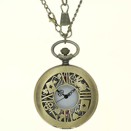 Bronze Poker Hollow Copper Skeleton Roman Numerial Case Arabic Dial Steampunk Men Women Gifts Alice In Wonderland Rabbit Pendant Poker Quartz Pocket Watches 1 Pc Necklace 1 Pc Clip Key Rib Chain #TOP1