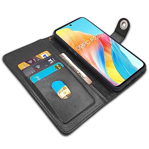 Image of Pikkme Oppo F23 5G Flip Cover Leather Finish | Inside TPU with Card Pockets | Wallet Stand and Shock Proof | Complete Protection Button Flip Case (Black)